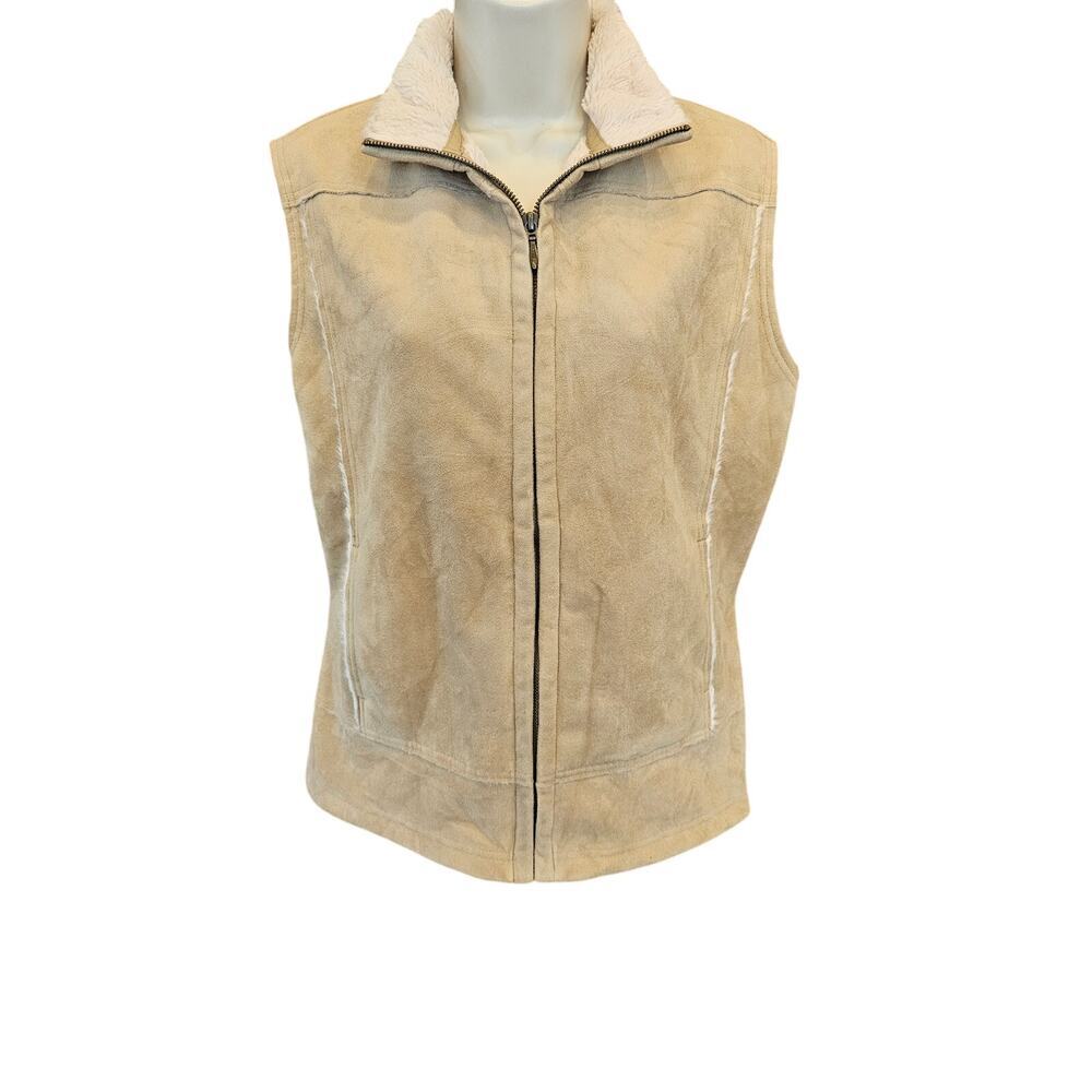 Straight down sz large L suede sherpa SOFT lined zip front vest Warm winter EUC